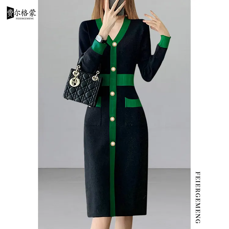 法式复古小香风黑绿拼色裙子秋新款气质漂亮收腰显瘦中长款连衣裙
