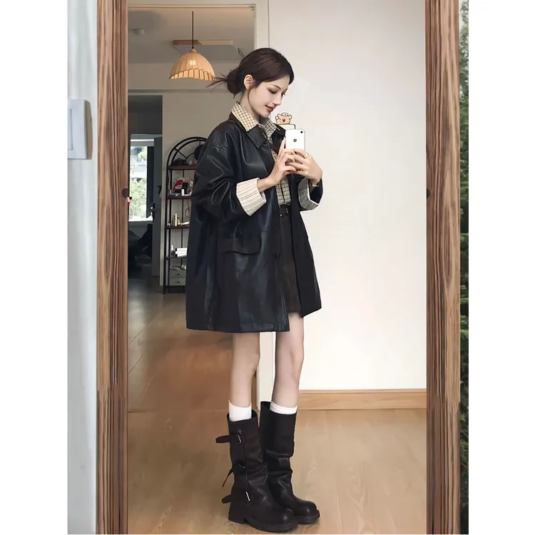 黑色皮衣外套女2025秋季新款夹克酷飒风小个子气质宽松机车服外套