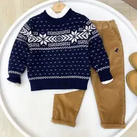 新款冬季花色厚款圆领套头针织衫洋气毛衣宝宝保暖上衣藏青色毛衫
