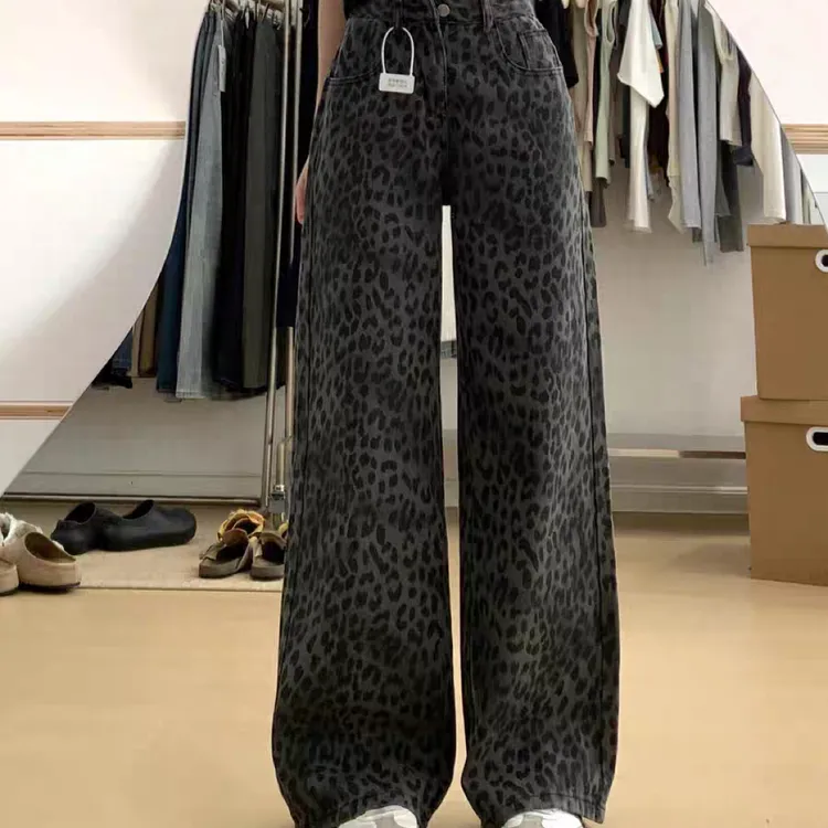 小个子定制美式复古黑色豹纹软牛仔秋冬加厚高腰直筒松弛感阔腿裤