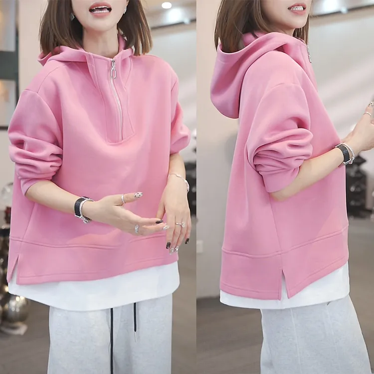 小个子短款假两件设计感连帽卫衣女装2025早秋新款休闲韩版上衣Y