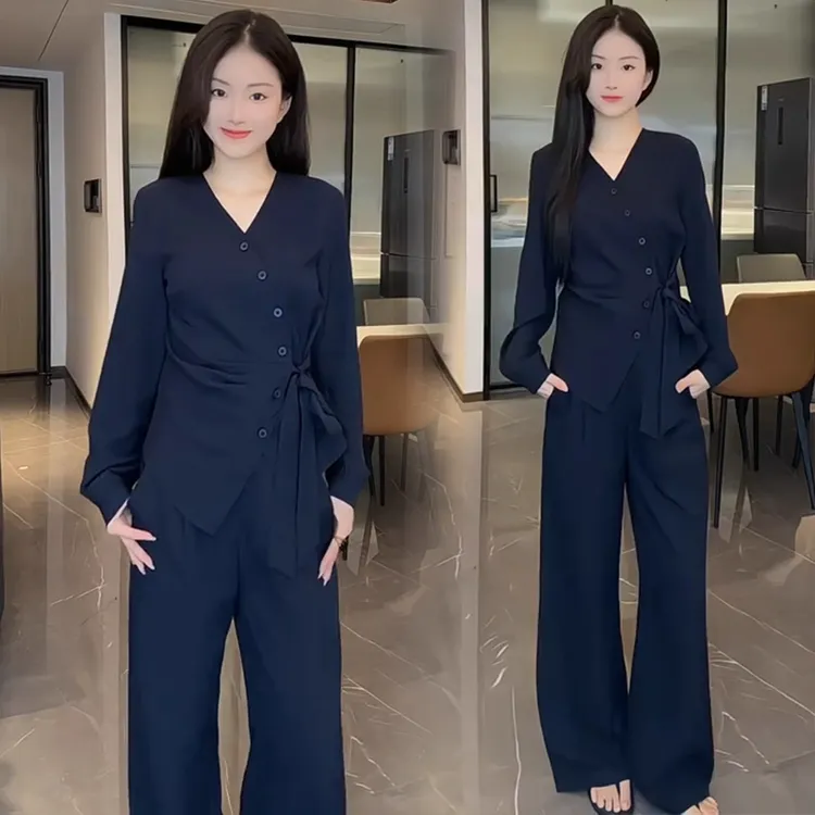 时尚套装女2025秋季新款洋气显瘦不规则长袖上衣阔腿裤休闲两件套