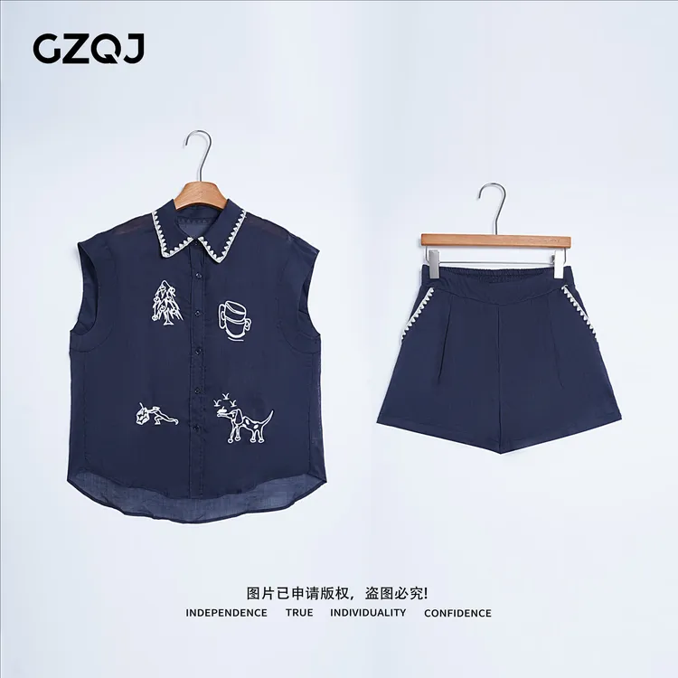 老琴私服【赫本小姐】欧若风设计刺绣衬衫+显瘦短裤套装女夏季0628
