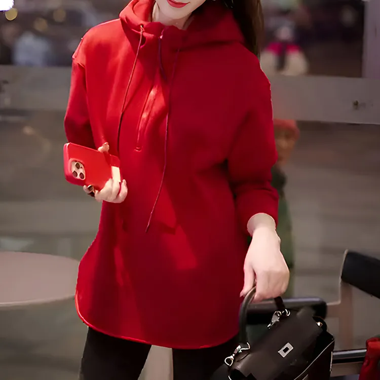 连帽加绒加厚中长款卫衣女秋冬流行内搭宽松打底衫上衣-欧韩穿搭