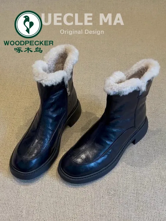 啄木鸟真皮复古厚底雪地靴女2025冬季新款加绒棉鞋保暖毛毛鞋短靴