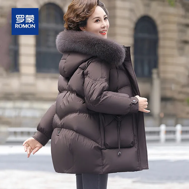 罗蒙气质中长款狐狸毛领妈妈冬装羽绒服女时尚宽松加厚中老年外套