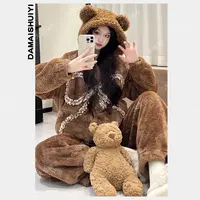 秋冬季加绒加厚睡衣女复古风珊瑚绒家居服套装长毛绒冬季保暖舒适