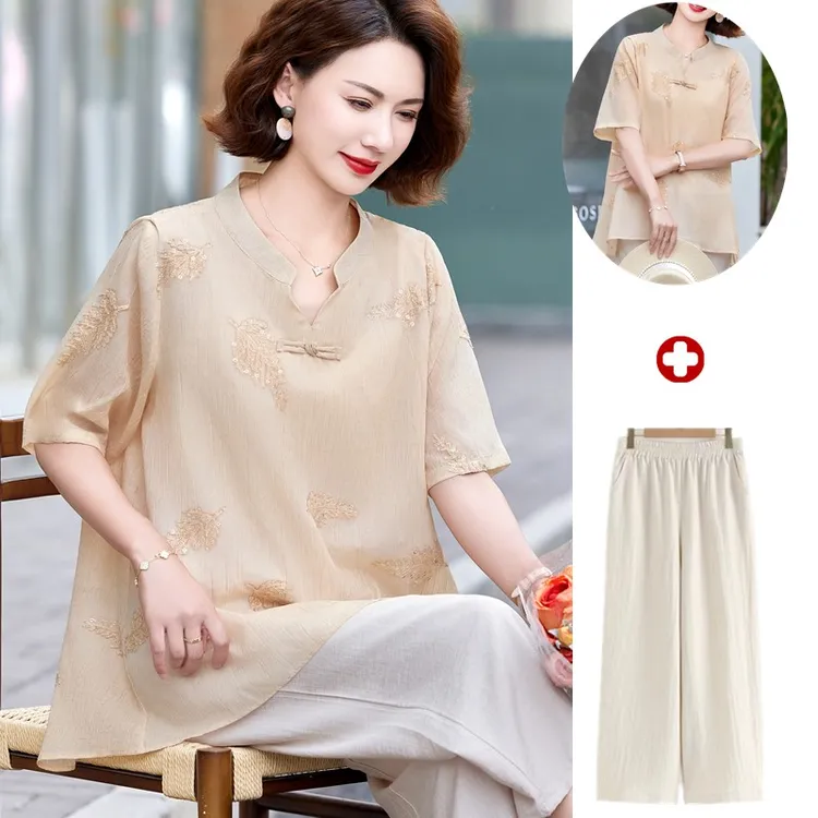 桑蚕丝妈妈装国风上衣洋气t恤衬衫中老年女宽松遮肚小衫两件套装