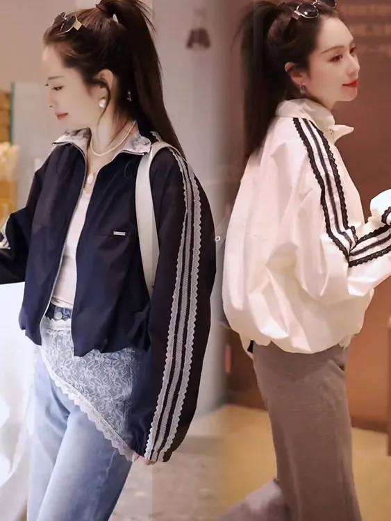立领蕾丝拼接短款外套女2025春季新款显瘦小个子洋气休闲夹克上衣