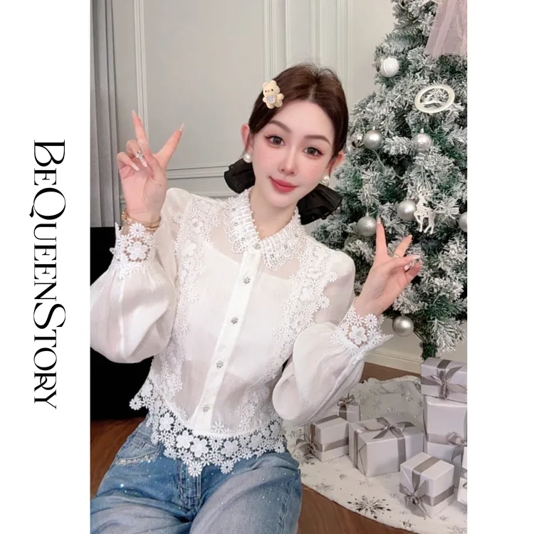 BeQueenStory【梦境繁花】拼蕾丝珍珠领正肩衬衫金秘书穿搭新款2025
