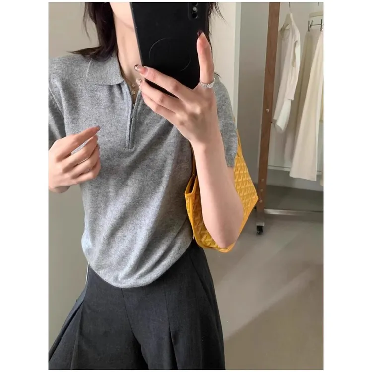 灰色翻领半拉链冰丝正肩短袖t恤女胖mm夏季小个子显瘦别致上衣ins