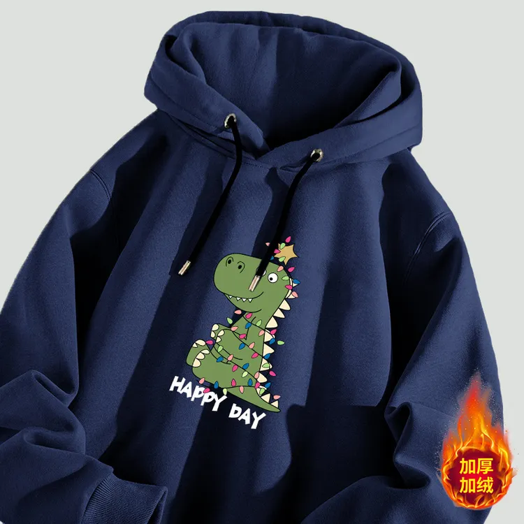 圣诞恐龙连帽卫衣男款秋冬季加绒加厚情侣上衣休闲学生外套印花