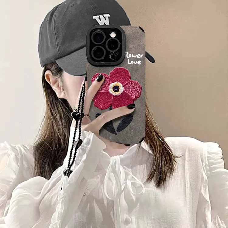 全包油画红花链条适用苹果16pro爱心15/14硅胶防摔13翻毛皮12感