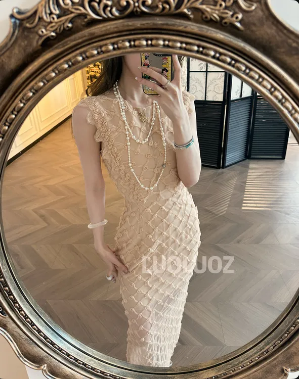 LUOLUOZ【梦中花房】法式气质重工轻奢立体花朵长款连衣裙JF726