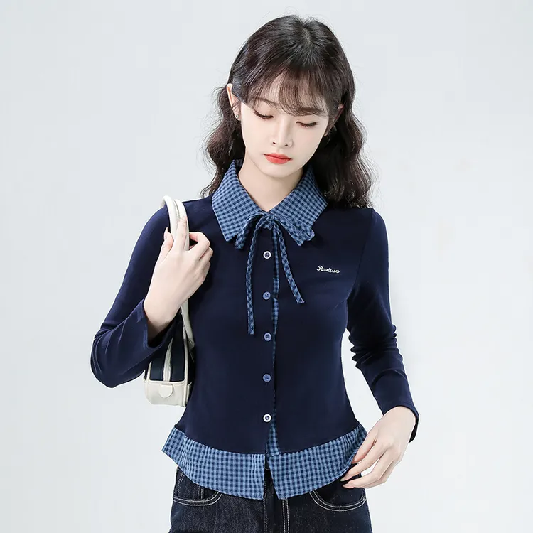 时尚设计感翻领拼接刺绣针织衫假两件格子polo领打底衬衫长袖洋气