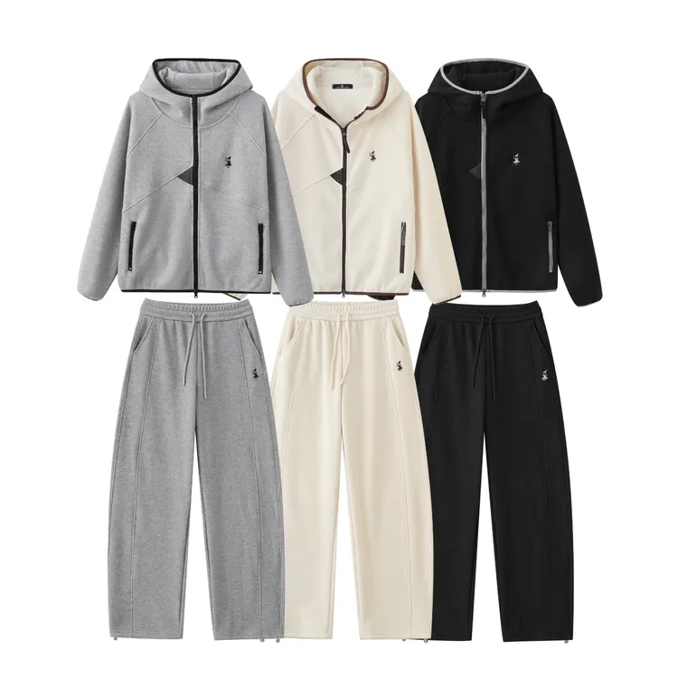 POLOGWON/保罗新品加绒加厚糯米绒撞色三角标连帽套装CF-D8068