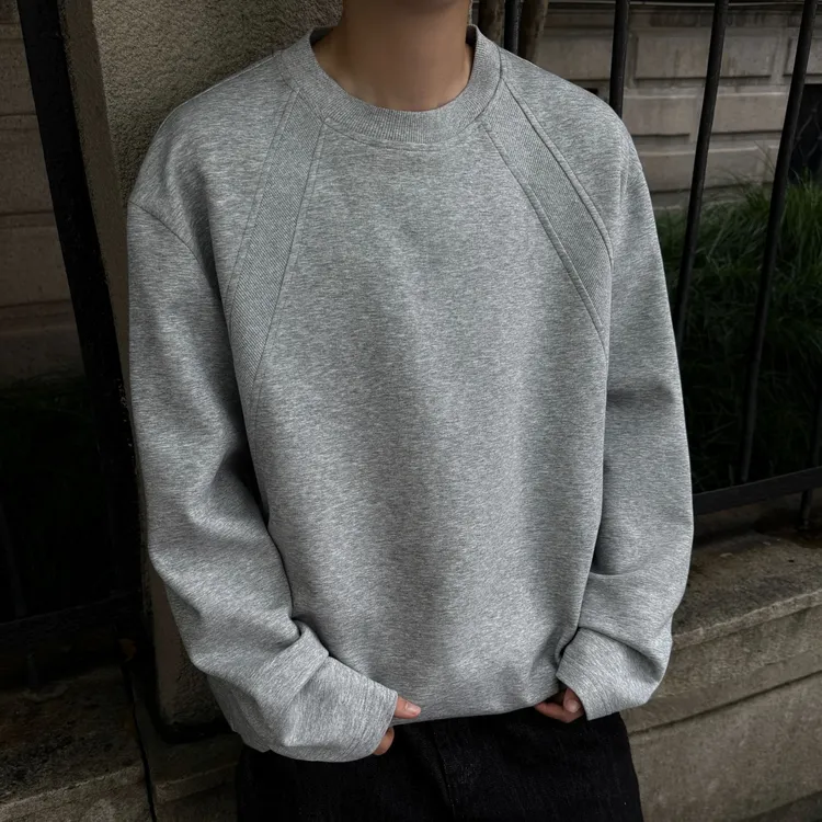 秋季新款不起球拼接男士复古宽松圆领卫衣长袖灰色T恤套头打底衫