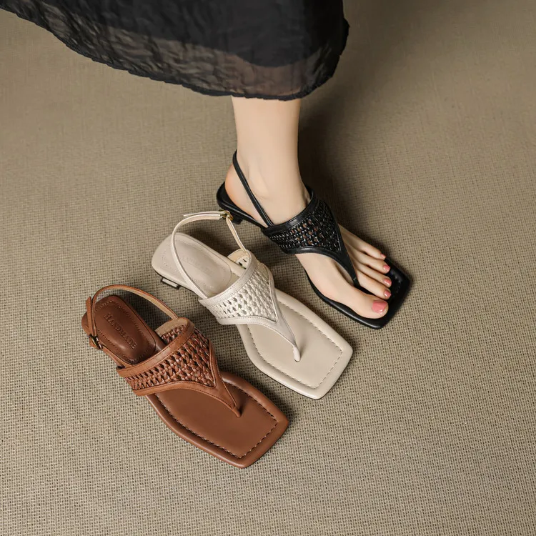 手工编织真皮凉鞋女款2025新款爆款百搭小众鞋子外穿中跟夏季凉鞋