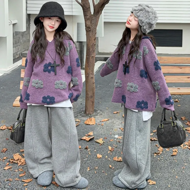 女童2025新款韩系时尚休闲日常穿搭甜美毛衣加绒休闲弯刀裤套装