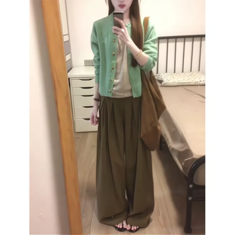 2025新款女士早秋季韩系慵懒风复古宽松长袖针织开衫外套阔腿裤
