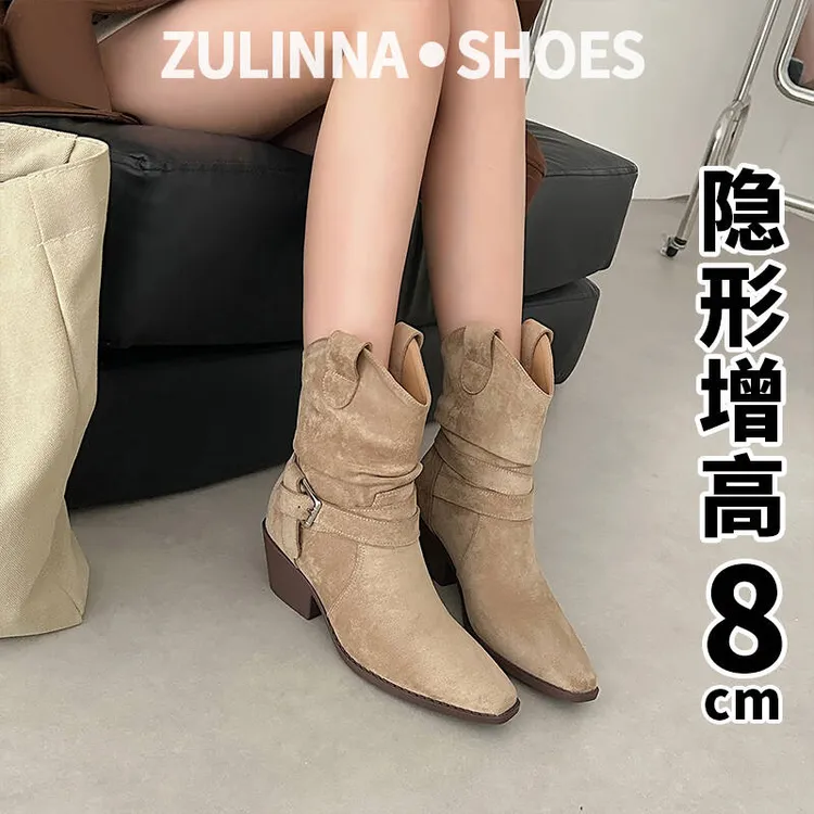 8cm粗跟短靴女2025新款秋冬v口美拉德马丁靴堆堆显瘦内增高短靴