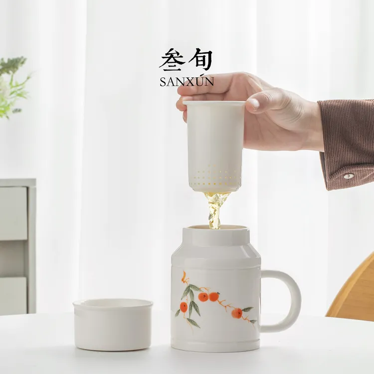 叁旬手绘柿柿如意泡茶杯釉下彩陶瓷茶水分离马克杯小众设计感杯子