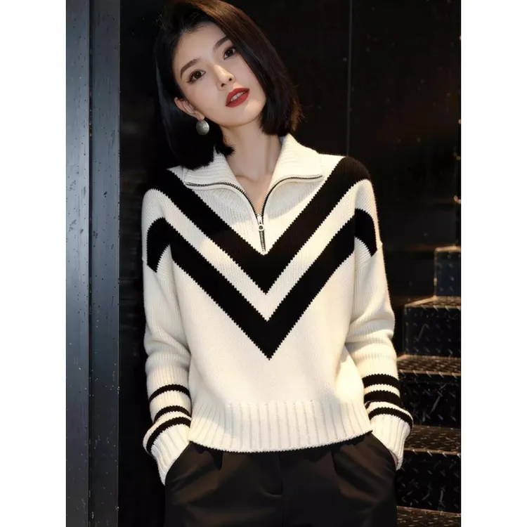 欧货高端新款独特设计感几何拼色长袖针织衫2025冬季别致毛衣上衣