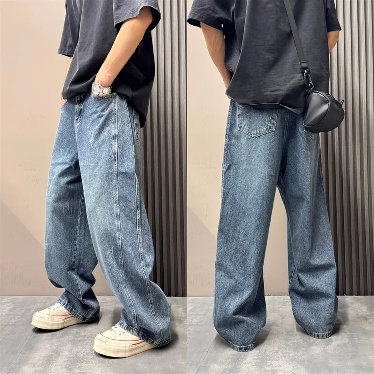 潮流美式弯刀宽松男士拖地加长牛仔阔腿裤男水洗做旧直筒牛仔裤子