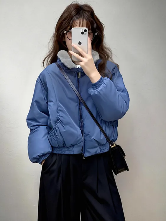 蓝色羊羔毛棉袄冬季加厚棉衣外套2025新款时髦洋气减龄夹棉棉服女