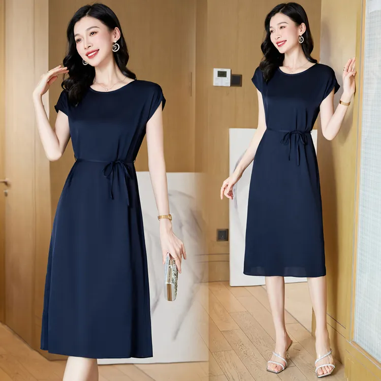 杭州贵夫人高端真丝休闲连衣裙女2025新款中年妈妈气质收腰裙子