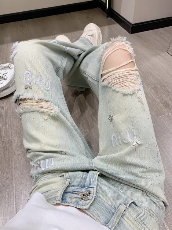 美式高街做旧星星烫钻钉珠牛仔裤女秋季新款牛仔裤女款秋季薄款
