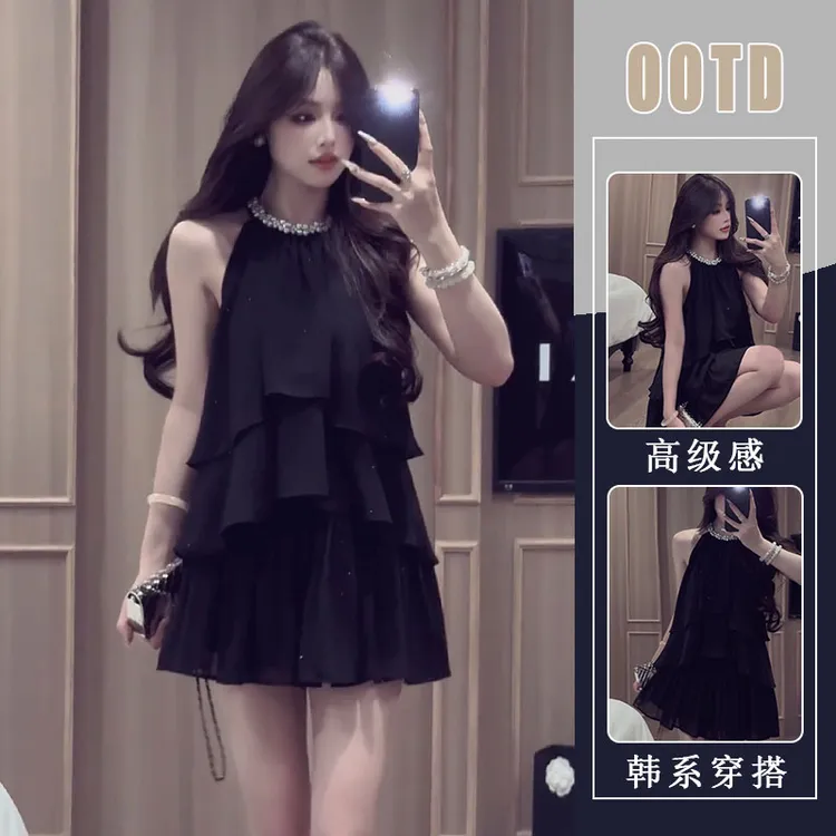 法式小香风挂脖镶砖上衣女装2025新款细闪钉珠无袖挂脖气质两件套