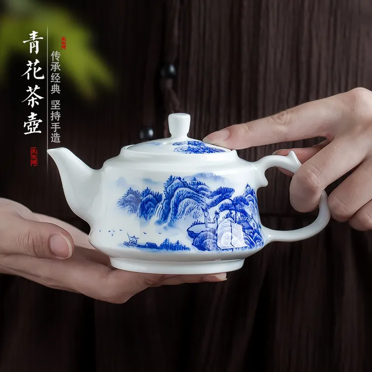 高档2025新款手绘功夫茶壶家用陶瓷青花瓷山水泡茶壶单壶轻奢茶具