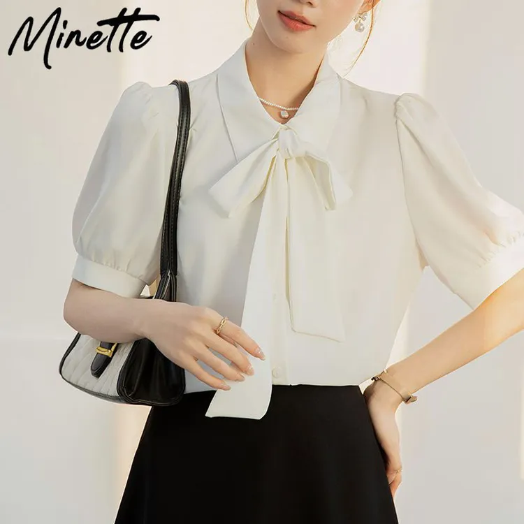 minette短袖蝴蝶结白色系带港风衬衫女装设计感气质百搭小众上衣