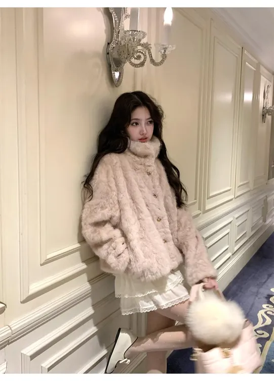 奥斯汀少女 皮毛 一体外套女短款高级感翻领气质宽松毛毛外套显瘦