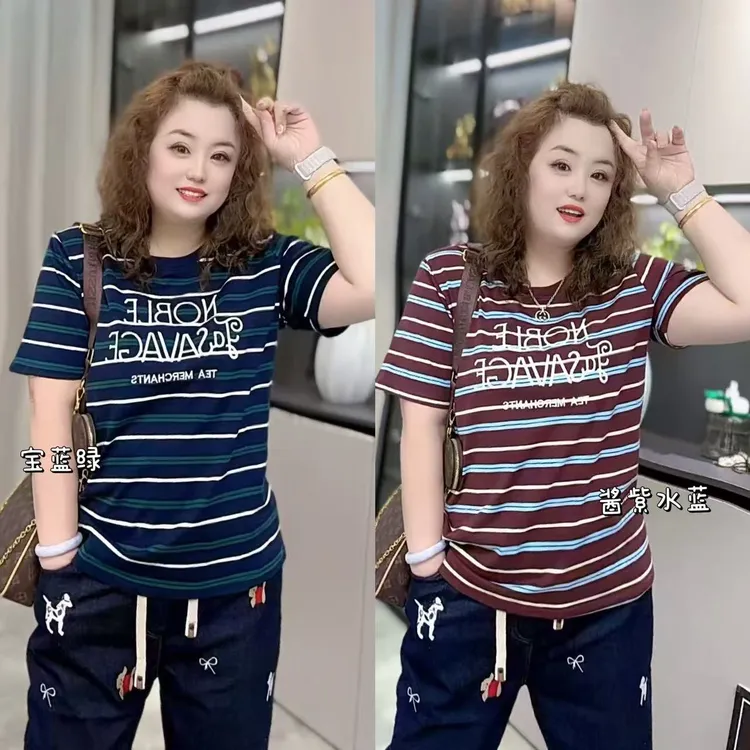 3709（丹姐家）早秋新款刺绣字母彩色细条纹短袖T恤上衣女