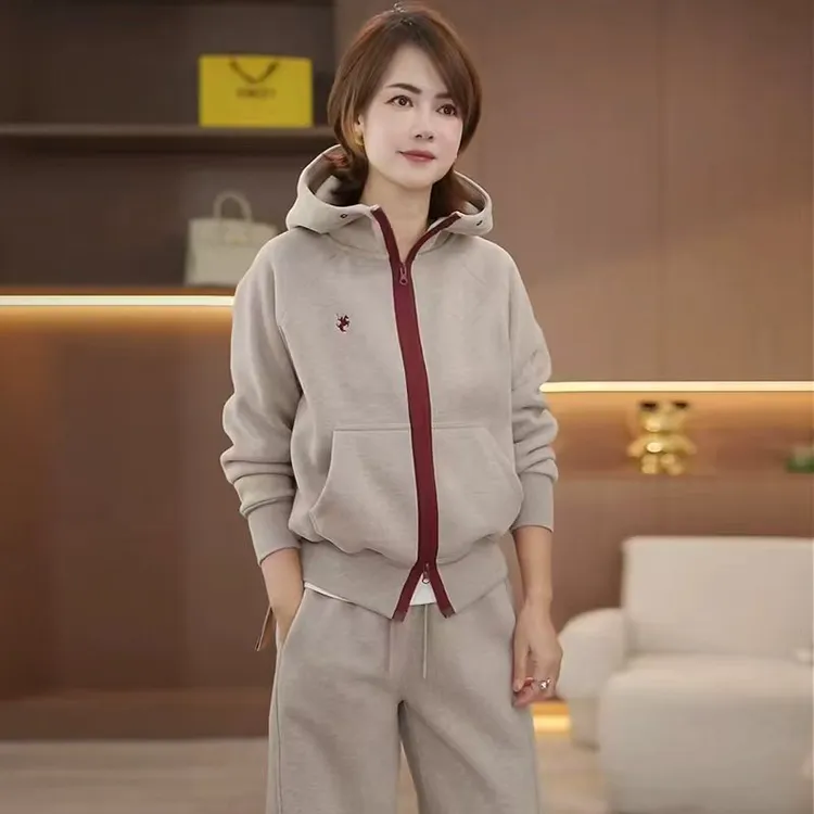 【冬日小火山】冬季羊毛桑蚕丝撞色拉链连帽卫衣弯刀裤套装39635