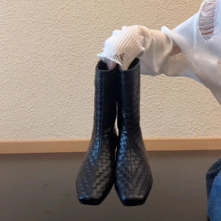 Pokoy-2cm粗跟方头拼接绑带时尚中筒靴