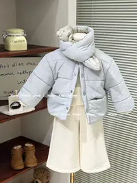 韩系女童冬季加厚手塞棉蓝色两面穿棉服配白色加厚绒阔腿裤