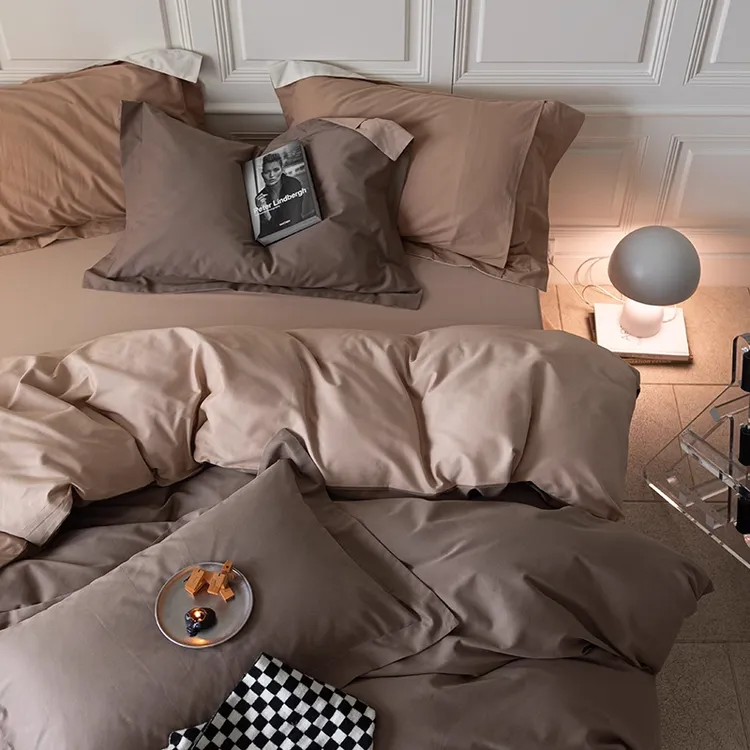 秋冬简约风全棉磨毛床上三四件套1.8m双拼纯色床单被套床笠式床品