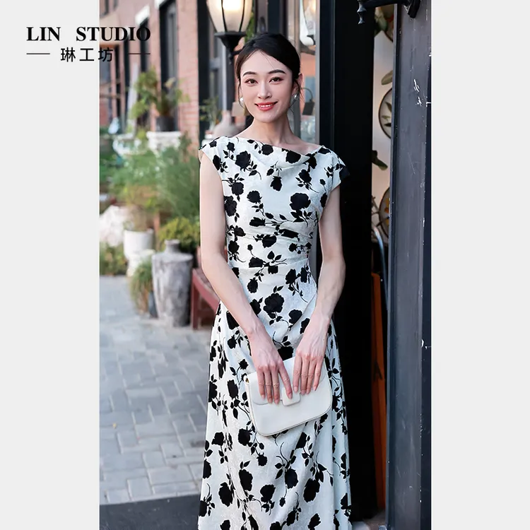 琳工坊“风夜”黑白印花连衣裙时尚气质优雅复古显瘦夏季唐琳设计师