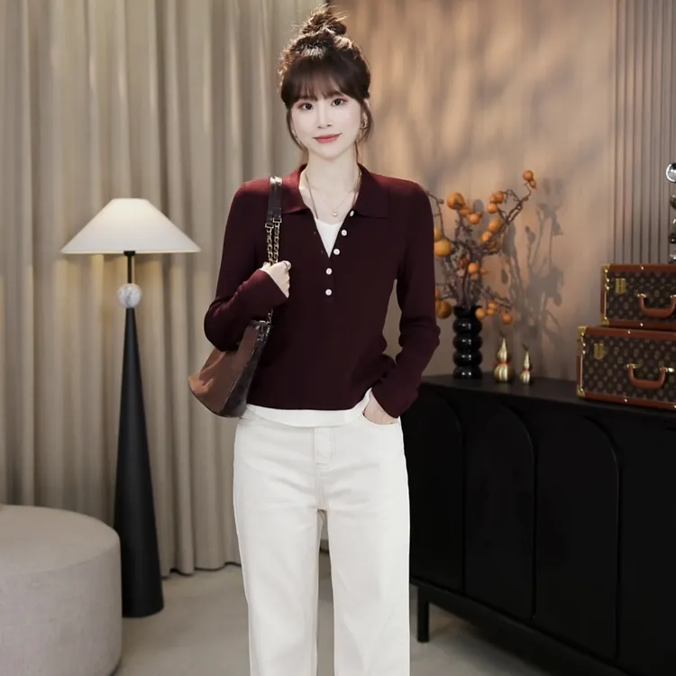 LMENY“叠穿小调”绵羊毛翻领假两件软糯撞色设计感针织衫25CM004