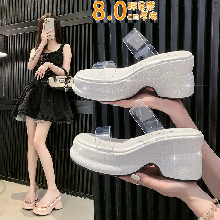 绝美仙女风厚底坡跟凉拖鞋女夏季外穿2025新款小个子高跟一字凉鞋