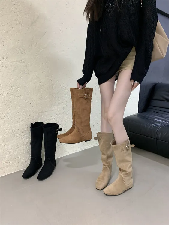 韩系气质内增高套筒瘦瘦靴女2025年秋冬季新款绒面两穿长筒堆堆靴