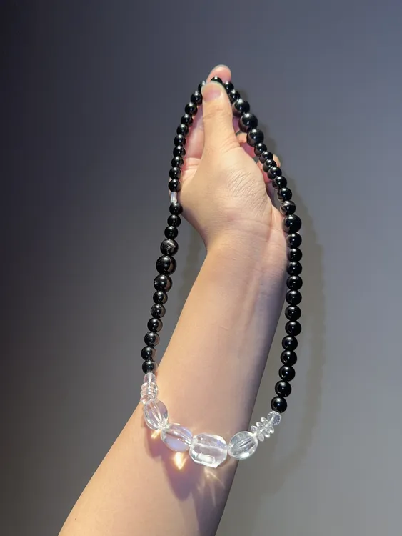 【赤桃精选】「金水相生，必谢生豆」  金运石黑曜石白水晶设计款项链多样性发一