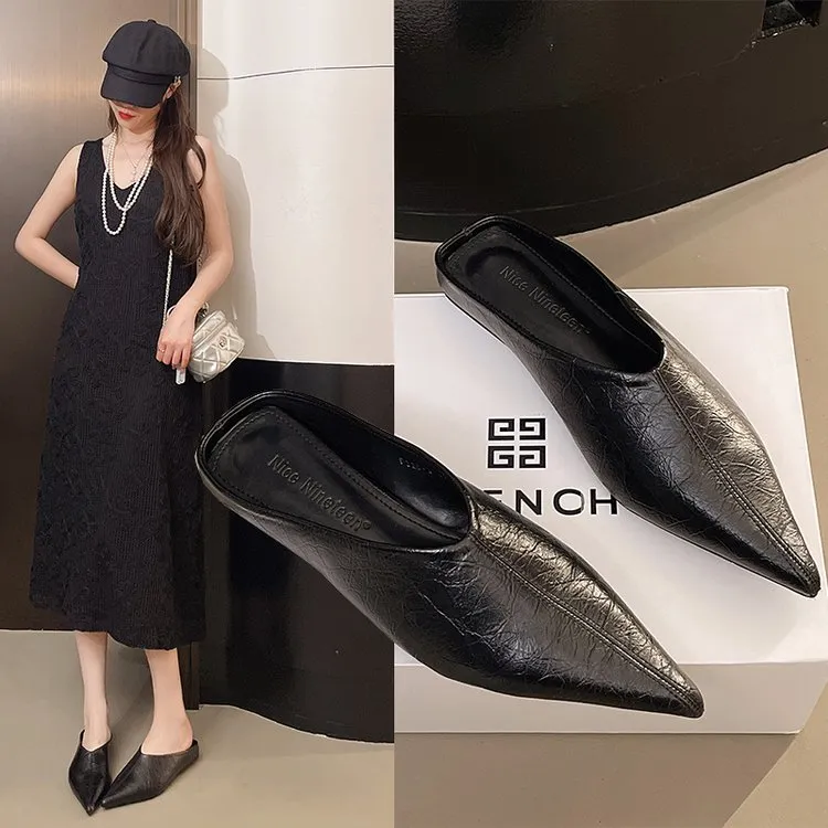 高级极简金色纹理软皮尖头包头拖平底凉拖鞋外穿女夏季穆勒鞋凉鞋