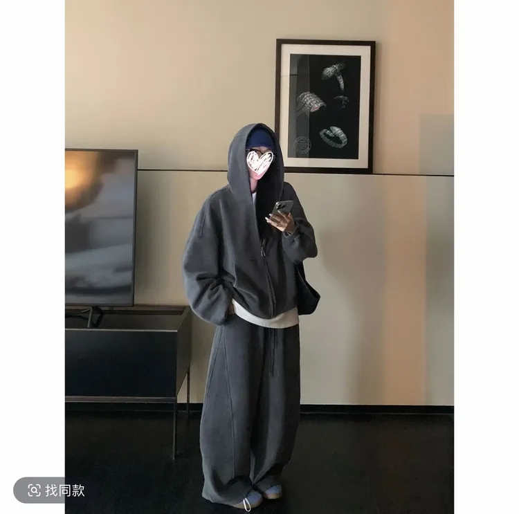 王爆爆专属奥粒绒加厚加绒卫衣套装女秋冬季高级松弛感宽松休闲阔腿裤两件套