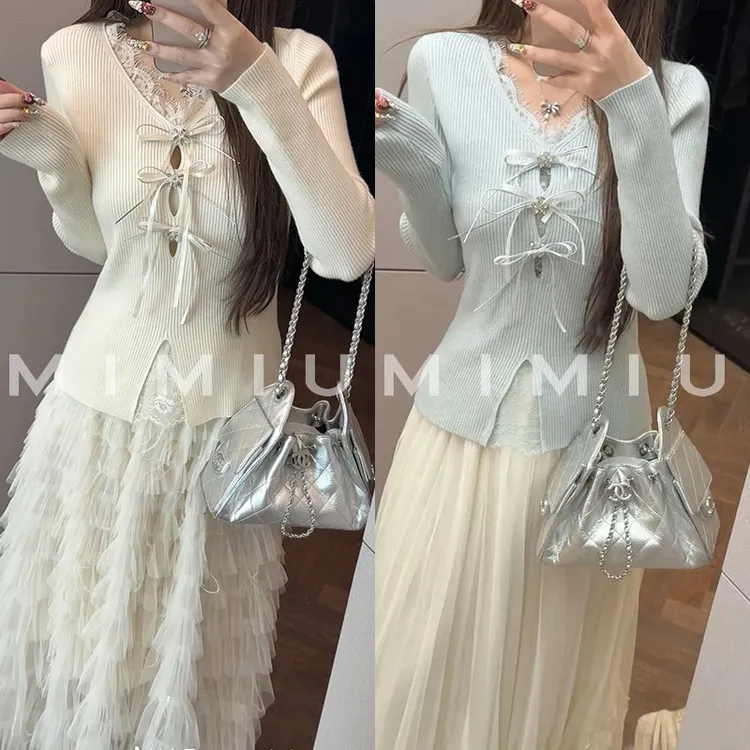 【mimius】P26早春羊毛立体可拆蝴蝶结蕾丝拼接针织上衣汉服WG12115