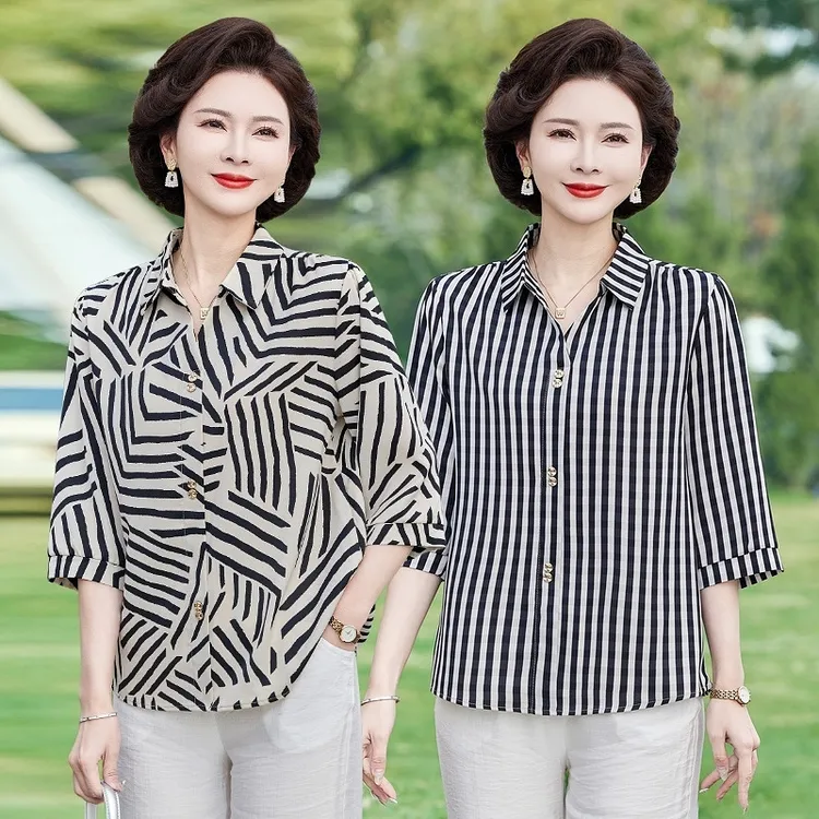 时尚新款妈妈夏装显瘦气质条纹中袖衬衫中老年女装遮肚宽松衬衣