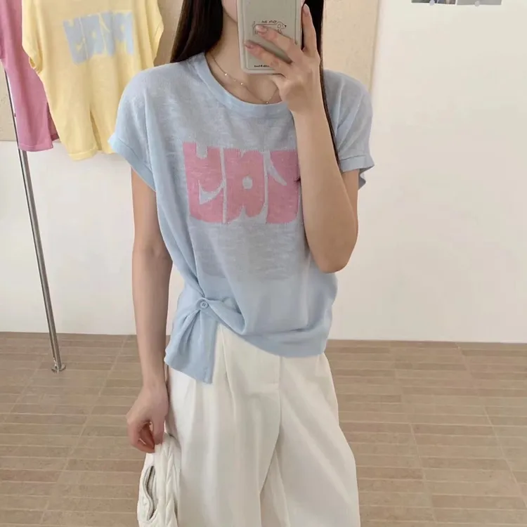 薄款冰丝针织衫女夏季新款韩版侧边一粒扣小个子竹节麻T恤设计感